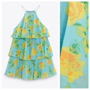 🌹NWT. Zara Blue/Yellow Printed Tule Mini Dress. Size L.